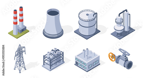 Industrial infrastructure icons in isometric style for energy and