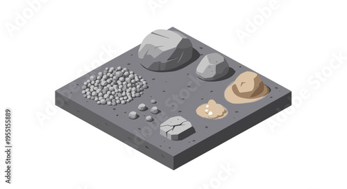 Isometric stone texture set with various rock types on gray platform