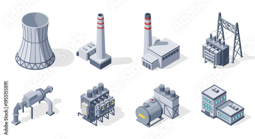 Isometric industrial buildings and equipment set for energy production