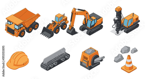 Construction equipment icons set featuring excavator bulldozer and