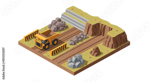 Isometric mining scene with quarry and dump truck on construction site