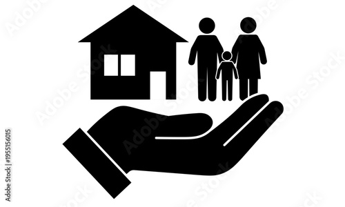 手のひらの上の家と家族の地域共生・福祉イメージのピクトグラムイラスト