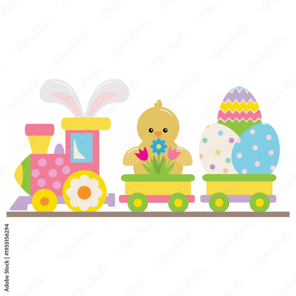 Obraz premium Easter express train with chick and egg vector cartoon illustration