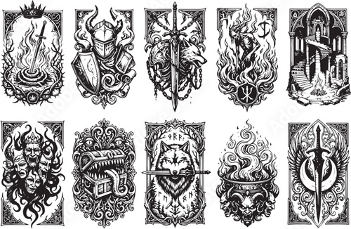 A set of symbols, badges, ornaments, and coats of arms. Medieval times, knights, fantasy, fairy tale. Engraving, illustration, etching. Hand drawn vector illustration