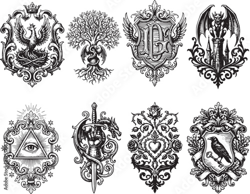 A set of symbols, badges, ornaments, and coats of arms. Medieval times, knights, fantasy, fairy tale. Engraving, illustration, etching. Hand drawn vector illustration
