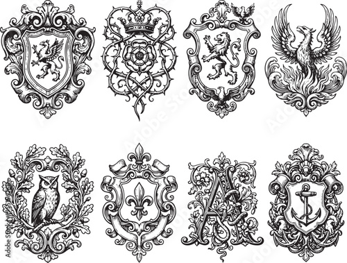 A set of symbols, badges, ornaments, and coats of arms. Medieval times, knights, fantasy, fairy tale. Engraving, illustration, etching. Hand drawn vector illustration