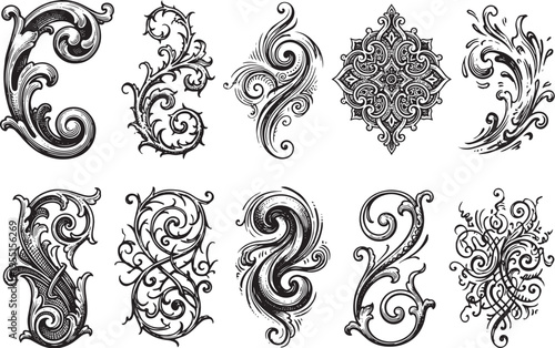 A set of symbols, badges, ornaments, and coats of arms. Medieval times, knights, fantasy, fairy tale. Engraving, illustration, etching. Hand drawn vector illustration