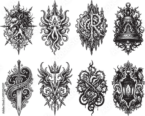 A set of symbols, badges, ornaments, and coats of arms. Medieval times, knights, fantasy, fairy tale. Engraving, illustration, etching. Hand drawn vector illustration