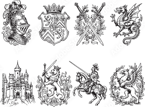 A set of symbols, badges, ornaments, and coats of arms. Medieval times, knights, fantasy, fairy tale. Engraving, illustration, etching. Hand drawn vector illustration
