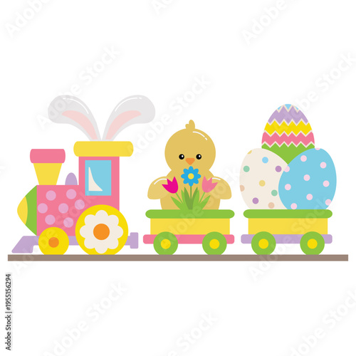 Easter express  train with chick and egg vector cartoon illustration