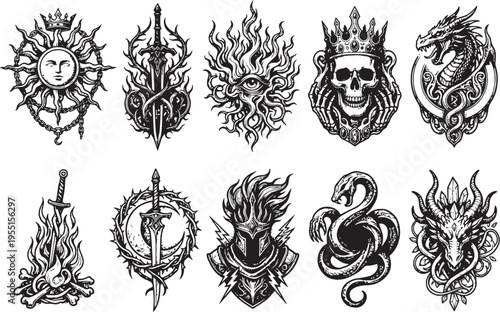 A set of symbols, badges, ornaments, and coats of arms. Medieval times, knights, fantasy, fairy tale. Engraving, illustration, etching. Hand drawn vector illustration