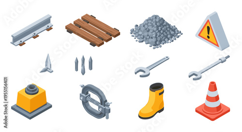 Isometric construction tools and materials set for industrial design