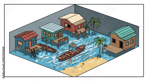 Colorful isometric flooded village with wooden houses and canoe in