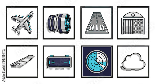Isometric aviation icons: aircraft engine runway control tower wing