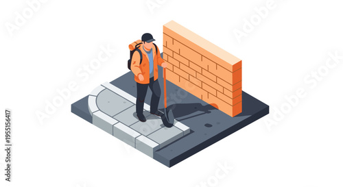 Isometric urban scene with traveler standing on sidewalk near brick