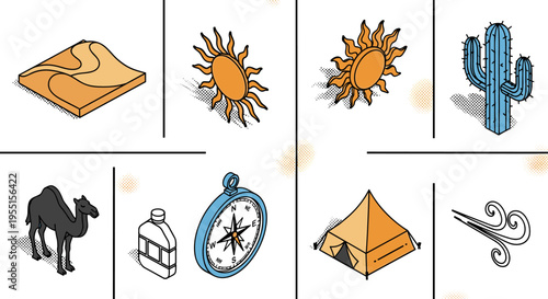 Colorful desert adventure icons: sun cactus camel and more in modern