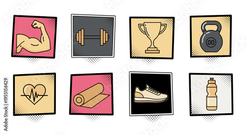 Pop art fitness icons set featuring gym equipment and healthy