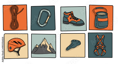 Essential rock climbing gear in retro comic style