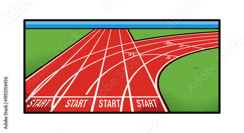 Vibrant red running track with lanes in comic book style art