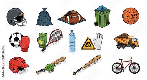 Sports equipment and environmental icons in colorful pop art style