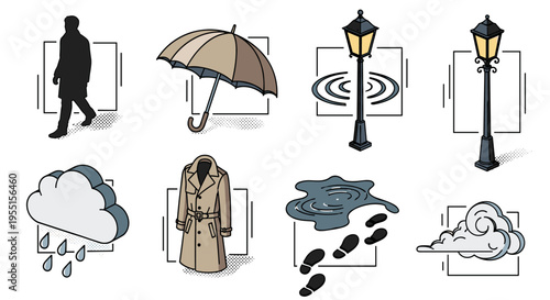 Isometric street elements: silhouette umbrella lamp post rain concept