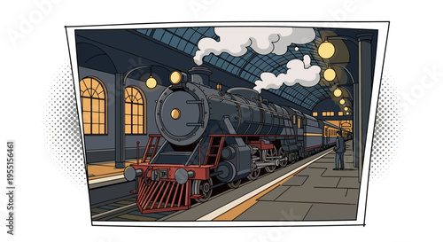 Vintage steam train in classic comic style at nighttime station