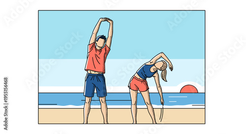 People exercising on a beach at sunrise in linear style