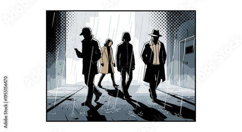 Silhouette city streets: people walking in rainy urban scene with