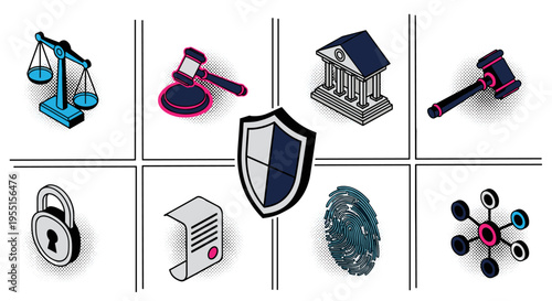 Isometric icons of justice and security: gavel scales lock and more