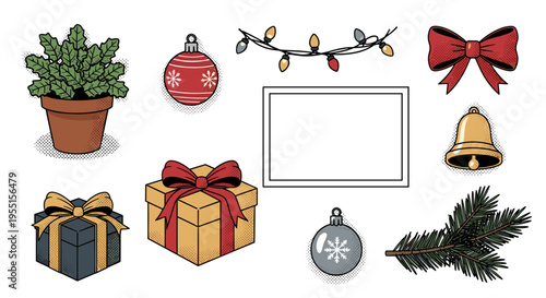 Festive holiday elements with gifts decorations and bells