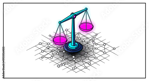 Futuristic isometric balance scale on blockchain network grid with