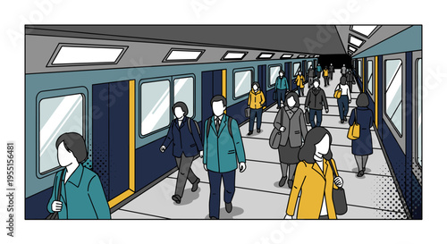 Busy commuters in a modern train station corridor