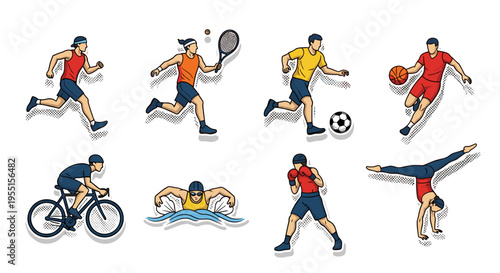 Colorful dynamic sports characters engaged in various athletic