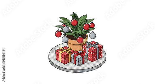 Festive plant arrangement with christmas baubles and wrapped gifts in