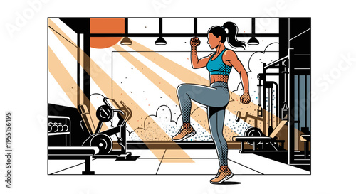 Dynamic fitness workout in modern gym setting with art style