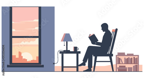 Silhouette of a person reading by the window in a cozy room at sunset