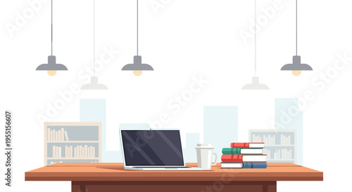 Modern workspace with laptop and books on table in minimalist office