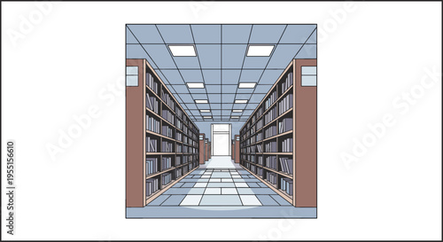 Isometric library hallway with bookshelves and ceiling lights