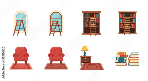 Vintage home library set with ladders and bookshelves in flat design