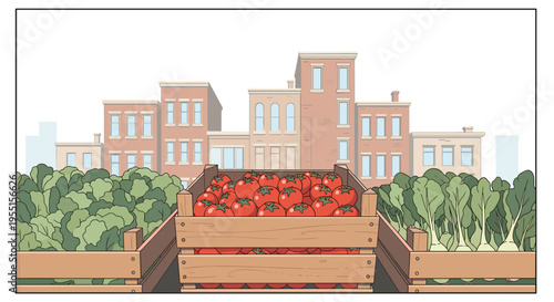 Urban farming with fresh vegetables in a rooftop garden scene