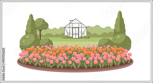 Garden greenhouse with colorful tulips and lush greenery in a flat