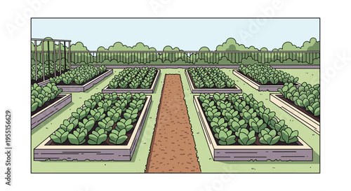 Organic urban farm garden with raised beds and lush vegetables in a