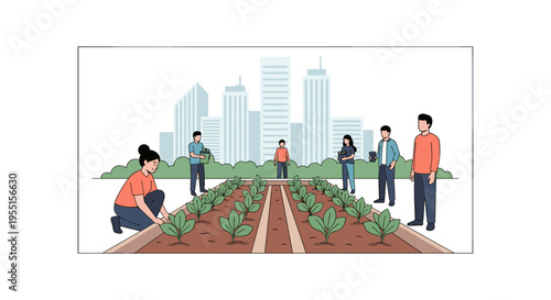 Urban gardening team tending to vegetable plots in a city