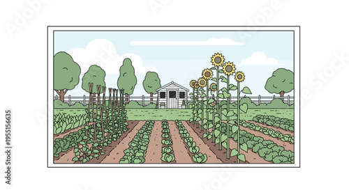 Charming garden landscape with vegetables and sunflowers in lush