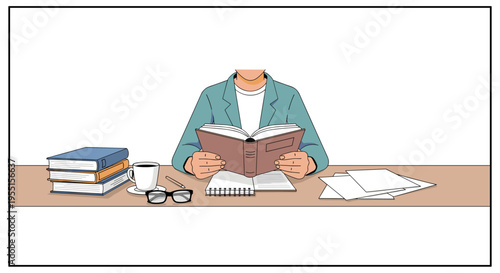 Person reading at desk with books coffee and glasses in minimalist