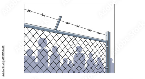 Fence with shadows: barbed wire and silhouettes in a minimalistic