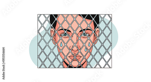 Emotional portrait behind chain link fence: surreal expression of
