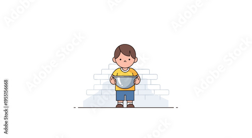 Minimalist cartoon style: young boy waiting with bowl in hand in