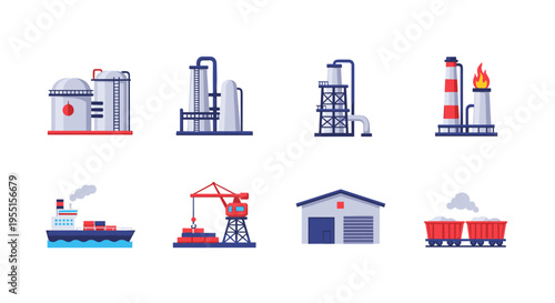Industrial elements set featuring factories ship crane warehouse and