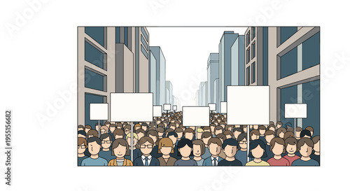 Urban protest with diverse crowd holding blank signs on city street